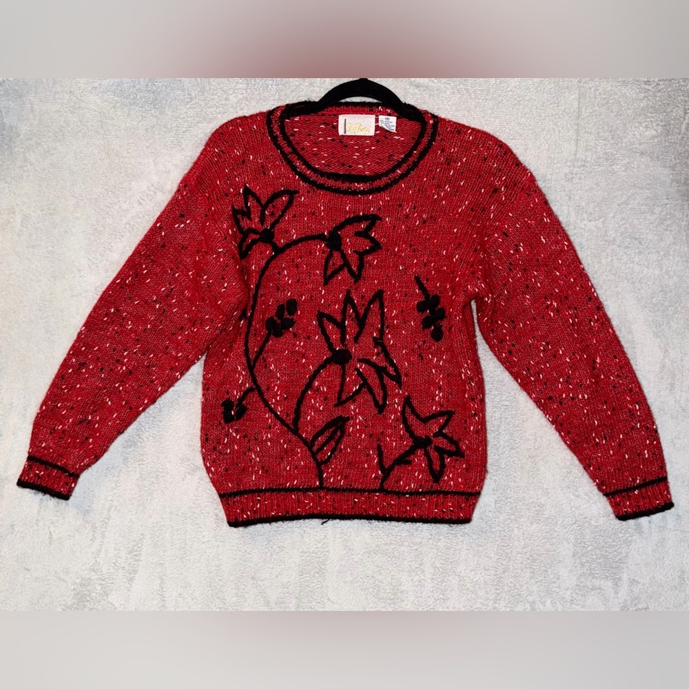 VTG Christmas Holiday TR BENTLEY‎ Sweater Medium Red Black 3D Flora Berries